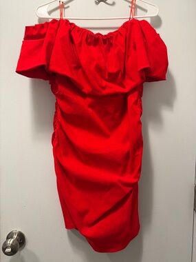 Zara Red Off-Shoulder Ruched Mini Dress